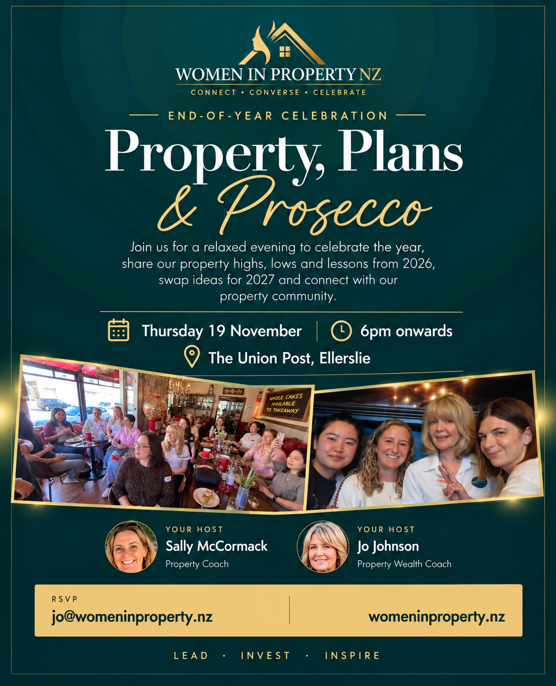 Property, Plans & Prosecco flyer: Women in Property NZ end-of-year celebration, Thursday 19 November, 6pm onwards at The Union Post, Ellerslie, hosted by Sally McCormack and Jo Johnson. RSVP jo@womeninproperty.nz